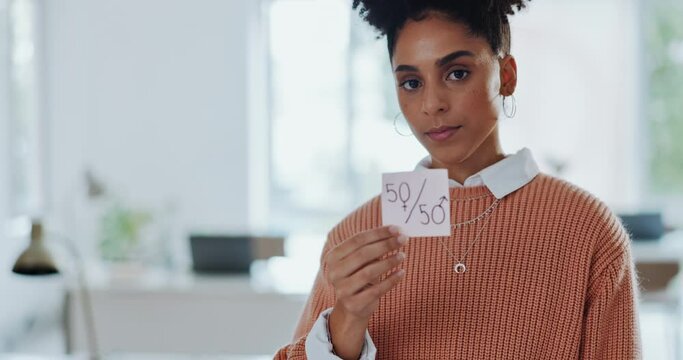 Gender equality, business woman with paper for equal pay, face and protest with feminism and equality in the workplace. Professional for fair opportunity, portrait and income equity with human rights