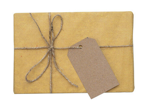 Retro gift box with tag for mockups. Vintage package with bow