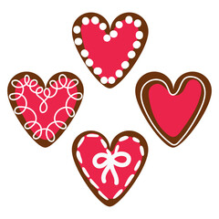 A set of hearts of different colors in the form of cookies with icing. Ginger cookies in the shape of hearts with a different kind of glaze. Background for printing holiday packaging, candy store
