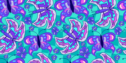 Seamless flower and butterfly trippy psychedelic pattern. Purple psychedelic seamless pattern. Magic floral daisy print. Trippy design hippie floral flat illustration. Retro y2k print