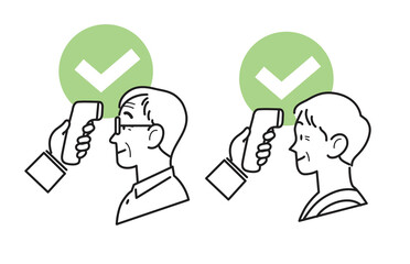 Covid19 coronavirus preventive measure line icons vector set. Body temperature check on old man and old woman. Hand holding non-contact infrared thermometer in front of an old man and woman forehead.