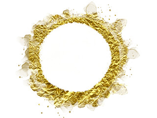 Circular gold frame, golden splattered border. Gold paint texture. Isolated png illustration, transparent background. Asset for overlay, texture, pattern, montage, collage, greeting, nest