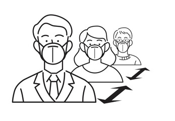 Line icon vector for covid preventive measures. Physical or social distancing group of persons wearing ffp2 kn95 masks with a distance arrow between them.Keep your distance icon, keeping distance. 