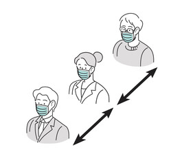 Covid19 coronavirus preventive measures line icon vector. Group of people wearing surgical masks keeping social distance or physical distance with a distance arrow between them. Queue of people.