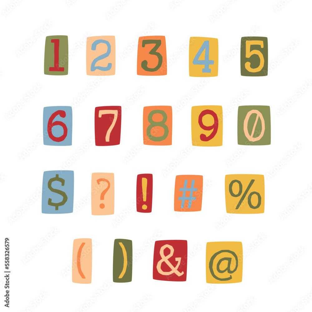 Fototapete y2k anonymous criminal cut out from magazine retro symbols and numbers colorful set.