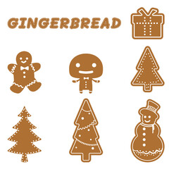 Gingerbread. Gingerbread Cookies Set. Winter homemade sweets in shape of gift and gingerbread man, tree and snowman. Cartoon Vector illustration. Isolated on white background. All in a single layer.