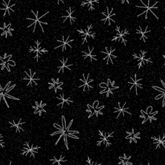 Naklejka na ściany i meble Hand Drawn Snowflakes Christmas Seamless Pattern. Subtle Flying Snow Flakes on chalk snowflakes Background. Awesome chalk handdrawn snow overlay. Alluring holiday season decoration.
