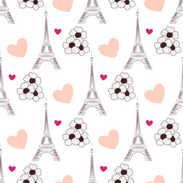 seamless pattern with Eiffel tower, hearts and flowers
