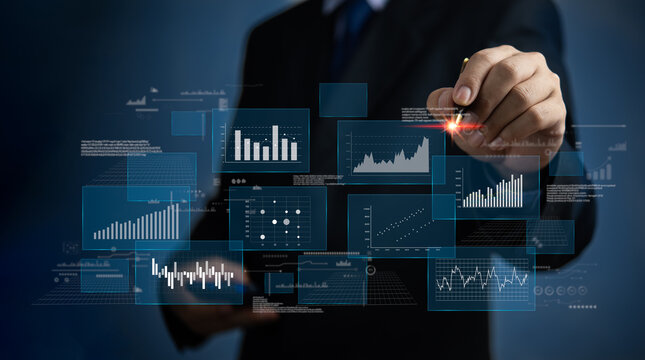 Business Intelligence Dashboard Big Data Diagram Graph Virtual Screen. Economic Analysis And Investment Finance And Marketing Planning And Business Intelligence (BI) Concept.