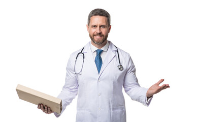 Happy medic with open arms gesture. Medic man holding folder. Medic in white - obrazy, fototapety, plakaty