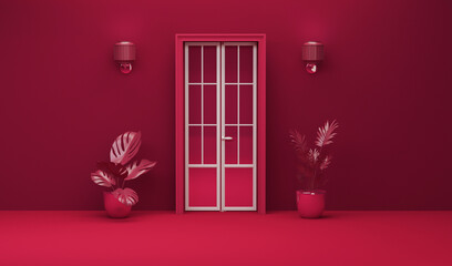 Red door and wall light in monochrome viva magenta color with furnitures and armchair, plant pot. Creative interior design. 3d render. Viva magenta is a trend colour year 2023	