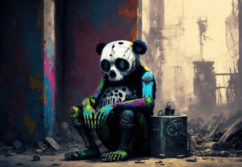 Mechanical robotic cyberpunk zombie panda bear sitting alone in the slum area of a dead and abandoned city - Generative AI illustration.