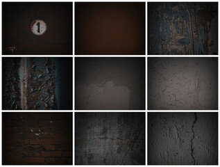Set of dark background textures. Collection of textures with peeling paint, cracks, rust, scratches, stains, noise and grain. Weathered rough surfaces of old walls. Bundle of backgrounds for design.