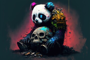 Mechanical robotic cyberpunk zombie panda bear sitting alone in the slum area of a dead and abandoned city - Generative AI illustration.