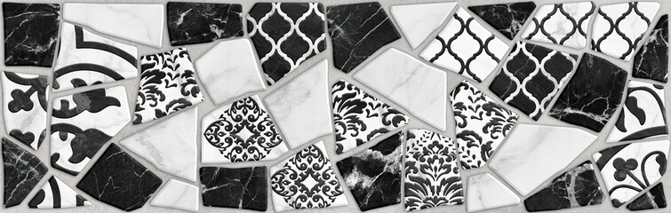 Ceramic tile design for walls and floors. Shards of black and white marble with a pattern and decor. Design for interior home or ceramic tiles design. - 558329570