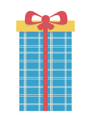 Festive gift in box with blue checkered wrapping paper, red ribbon and bow. Vector illustration isolated design