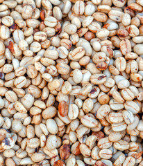 Close-up of Dried coffee beans. Fresh coffee beans with husks removed
