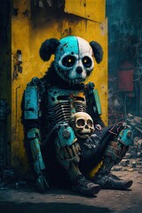 Mechanical robotic cyberpunk zombie panda bear sitting alone in the slum area of a dead and abandoned city - Generative AI illustration.
