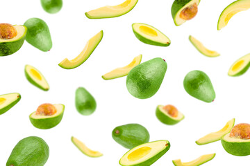 Falling avocado on white surface for advertisement