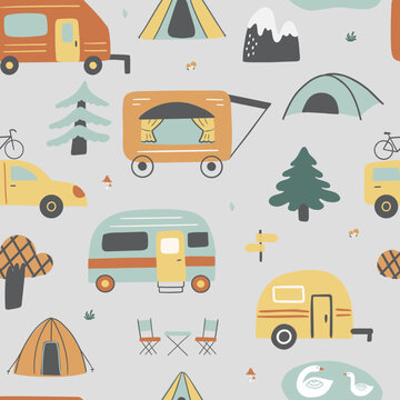 Camping seamless pattern with motorhome, camper, tent, forest, trees and etc. Vector background. 