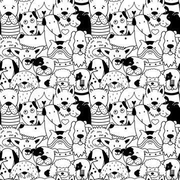 Children's pattern with black and white dogs. Vector illustration in doodle style. 