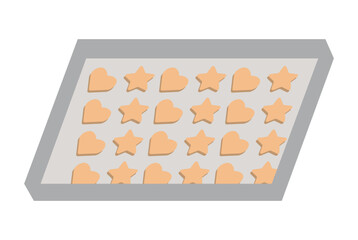 Cookies of various shapes on baking sheet. Home baking and making desserts. Vector illustration isolated design
