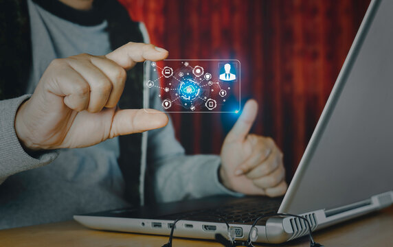 Hand of businessman holding digital identification card and technology network and communication with line and business concept.