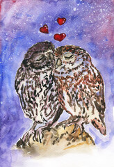 Hand drawn watercolor illustration with owls in love on a stone. Birds on the background of the night sky. Valentine day print for postcards, posters, etc.