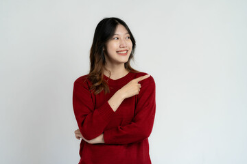 Asian long hair black beautiful woman feeling very happy Excited hand gesture and amazed. Studio portrait isolated on white background.