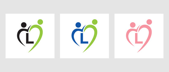 Letter L Community Logo Template. Teamwork, Heart, People, Family Care, Love Logo. Charity Donation Foundation Sign