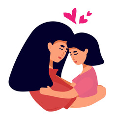 Portrait of young daughter trying to give her mother a big hug. Illustrated in flat design on pink background. Concept of motherhood or love toward mothers