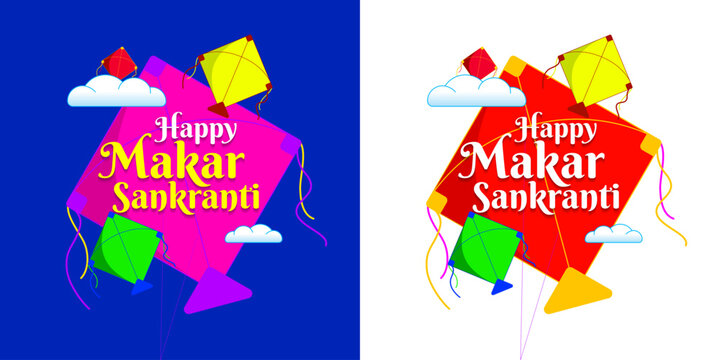 Happy Makar Sankranti greeting card design with kites and clouds on white isolated background. Web banner template, mnemonic, graphic illustration layout, logo unit, concept, icon for print ad, poster
