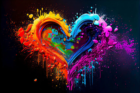 Colorful paint splashes forming love heart for Valentine's Day (Generative AI)