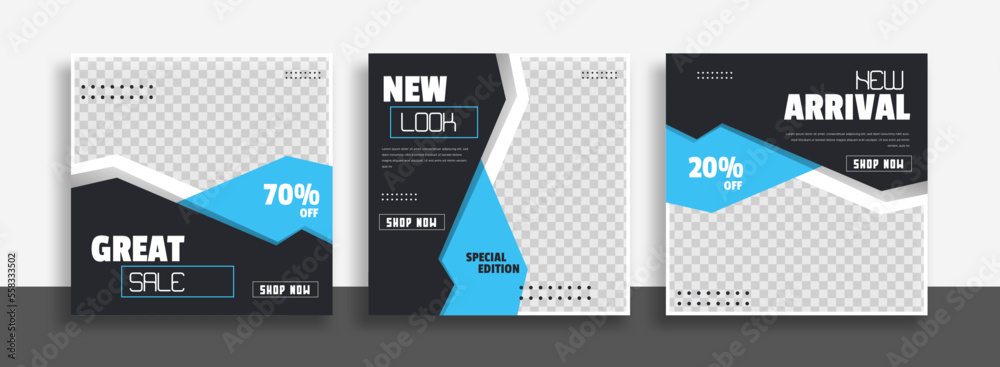 Wall mural set of editable minimal square banner template. blue white background color with geometric shapes fo