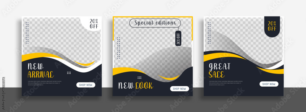 Wall mural set of editable minimal square banner template. blue yellow white background color with geometric sh
