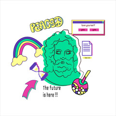 Y2k and old pc aesthetic Greek Zeus statue. Fun print with ancient sculpture head and pixel art . Graphic in 80's style.