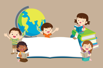 Happy Children reading book Back to School Concept kids and book