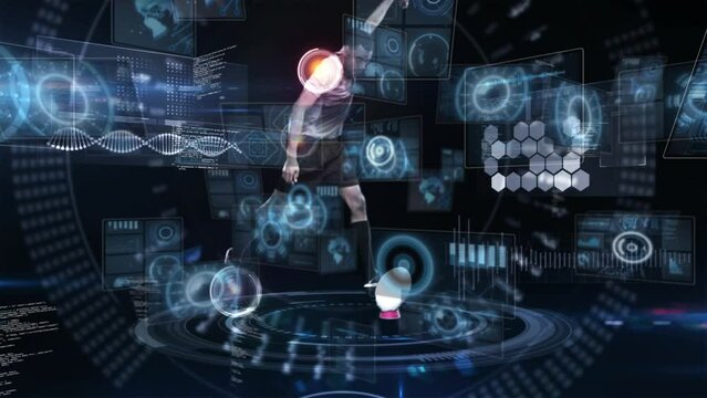 Animation of data processing over male rugby player - Powered by Adobe