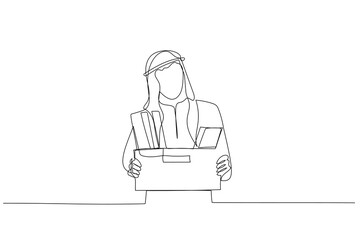 Drawing of stress arab man stand holding box full of belonging after being fired. Single line art style