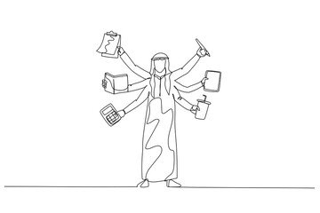 Illustration of arab man with several hand concept of multitasking. One line style art