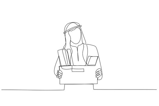 recommend clip art: Drawing of stress arab man stand holding box full of belonging after being fired. Single line art style