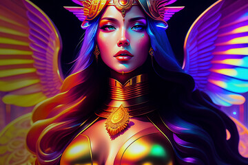 Naklejka na ściany i meble Illustration of a colorful goddess with puffy lips wearing a gold bustier and wings on her back, fictional person, made with generative AI