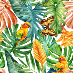 Obraz premium Colored leaves, lovebird, butterfly tropical watercolor painting. Seamless pattern, jungle illustration print 