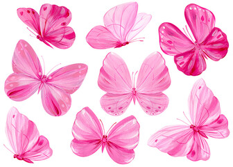 Fototapeta na wymiar Bright pink butterflies set on isolated white background, acrylic painting, butterfly art