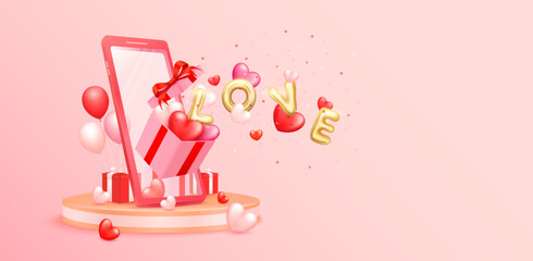 Happy Valentine's Day. Heart shaped balloons and golden letters sign love float out of the pink gift box in smartphone on round podium.   Concept sending love via social media. 3D Vector illustration.
