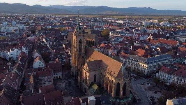 Gothic St. Martin's Church (&Eacute;glise Saint-Martin) In Colmar, Haut-Rhin, France. aerial orbit