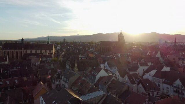 Aerial Over City Of Colmar On A Sunrise In Haut-Rhin, France.