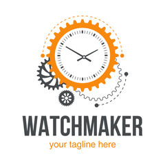 Watchmaker or clockmaker abstract logo. Watchmaking School sign. Watch restoration icon. Clock repair service.