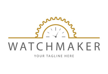 Watchmaker or clockmaker abstract logo. Watchmaking School sign. Watch restoration icon. Clock repair service.