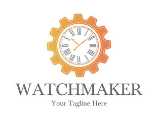 Watchmaker or clockmaker abstract logo. Watchmaking School sign. Watch restoration icon. Clock repair service.